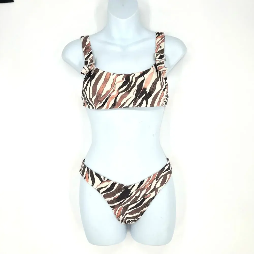 Frankies Bikinis Stormy Top M Kenza Bottom S Brown Zebra Animal Print Bikini Set